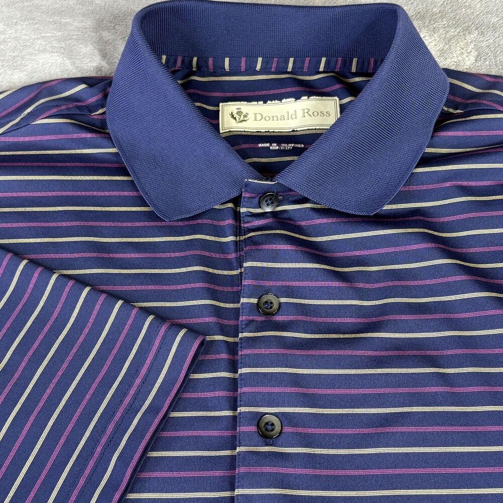 Donald Ross Polo Shirt Mens XL Navy Purple Stripe Golf‎ Performance Short Sleeve